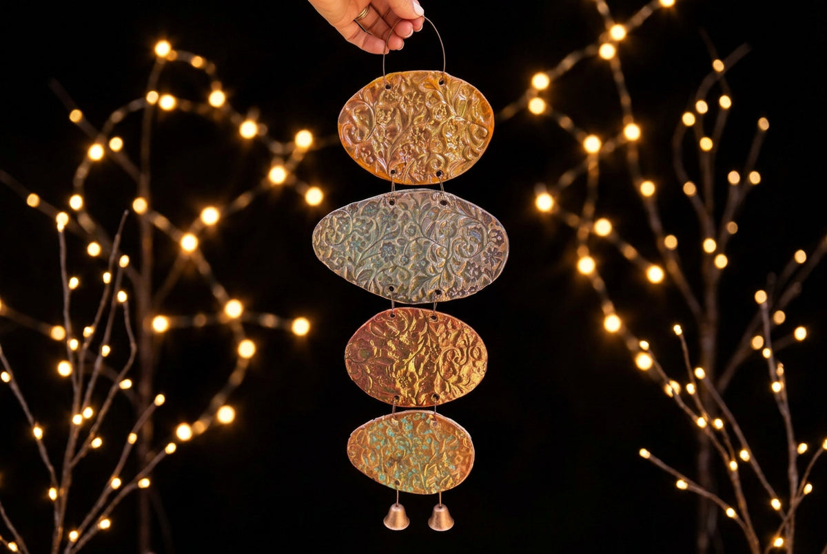 Rustic Ceramic Wall Hanging with Textured Panels and Two Bells