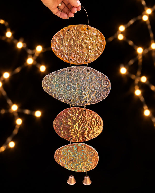 Rustic Ceramic Wall Hanging with Textured Panels and Two Bells