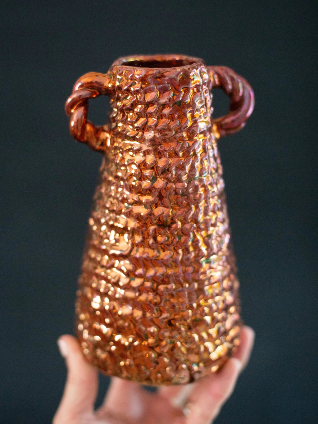 Rustic Ceramic Vase with Woven Texture and Twisted Handles