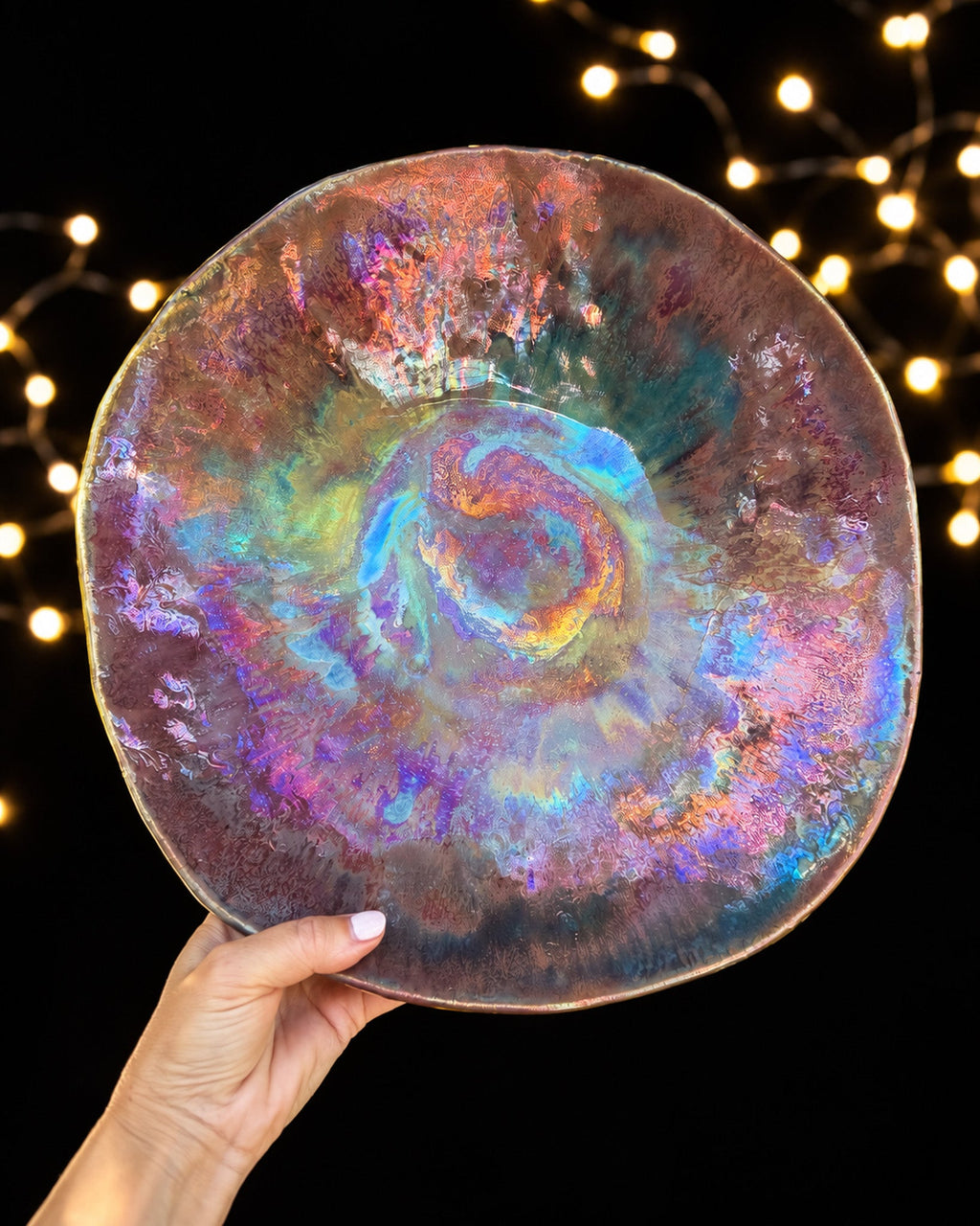 Organic Ceramic Decorative Bowl with Copper-Blue Swirls