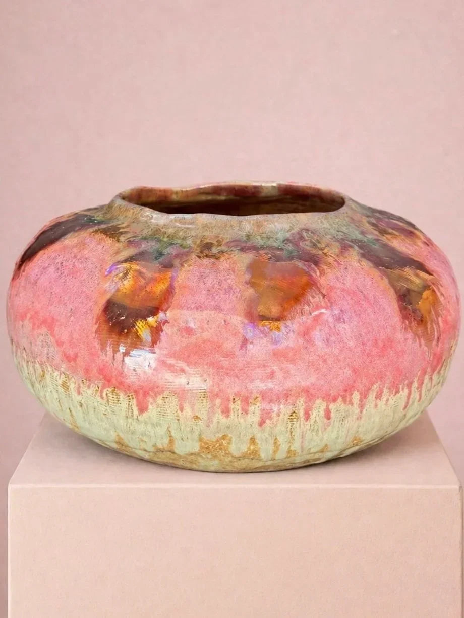 Modern Ceramic Decorative Pot with Rounded Shape and Pink-Gold Finish