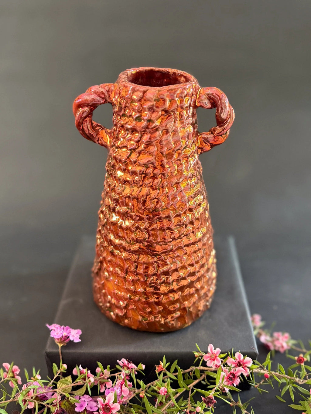 Rustic Ceramic Vase with Woven Texture and Twisted Handles
