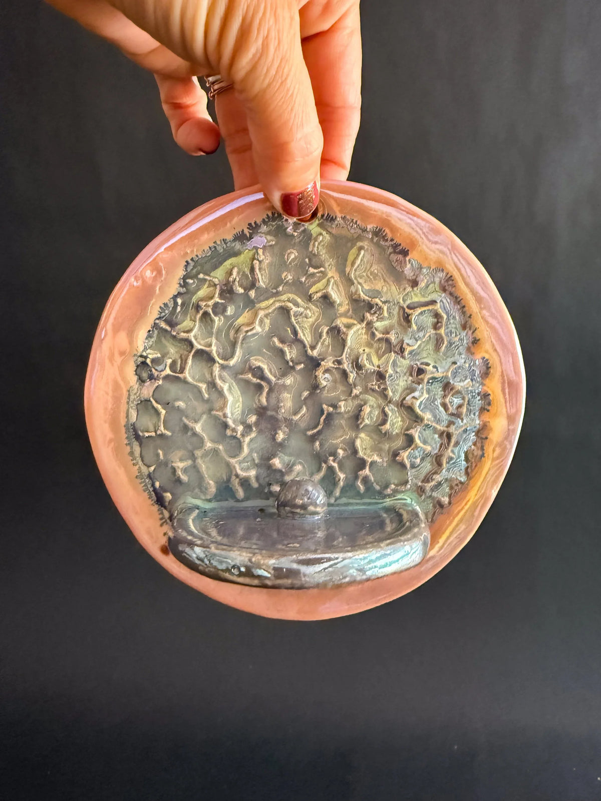 Botanical Ceramic Wall Incense Holder with Floral Texture and Pink Rim