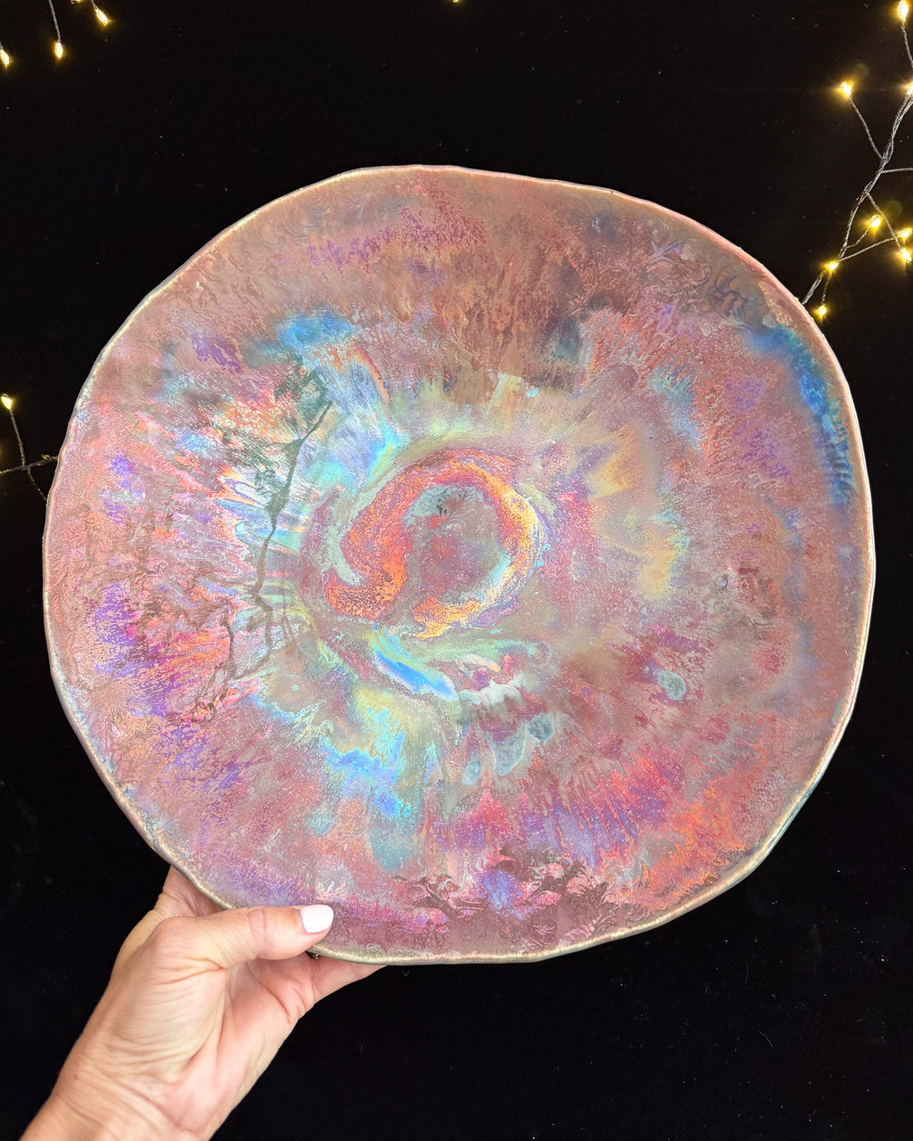 Organic Ceramic Decorative Bowl with Copper-Blue Swirls
