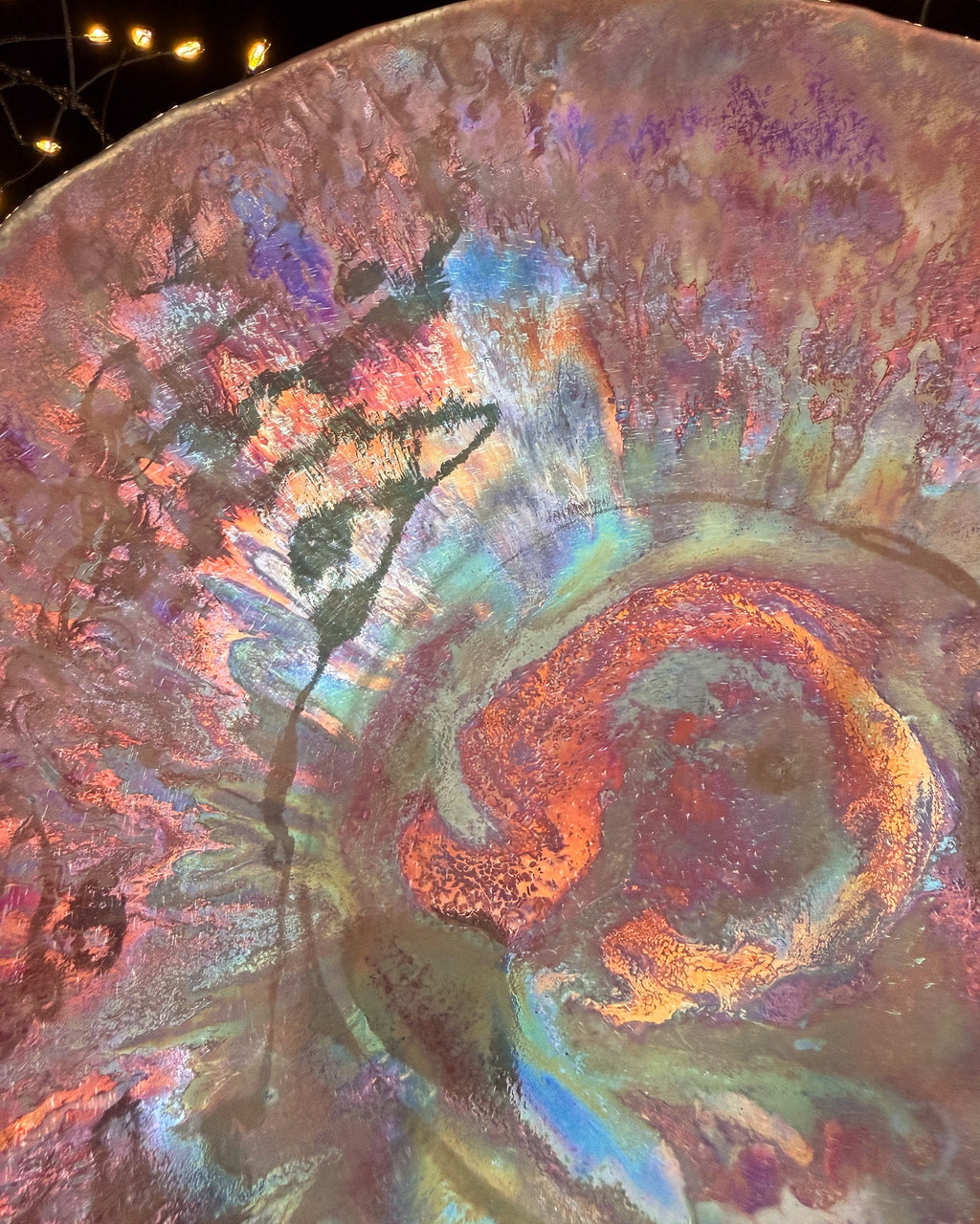 Organic Ceramic Decorative Bowl with Copper-Blue Swirls