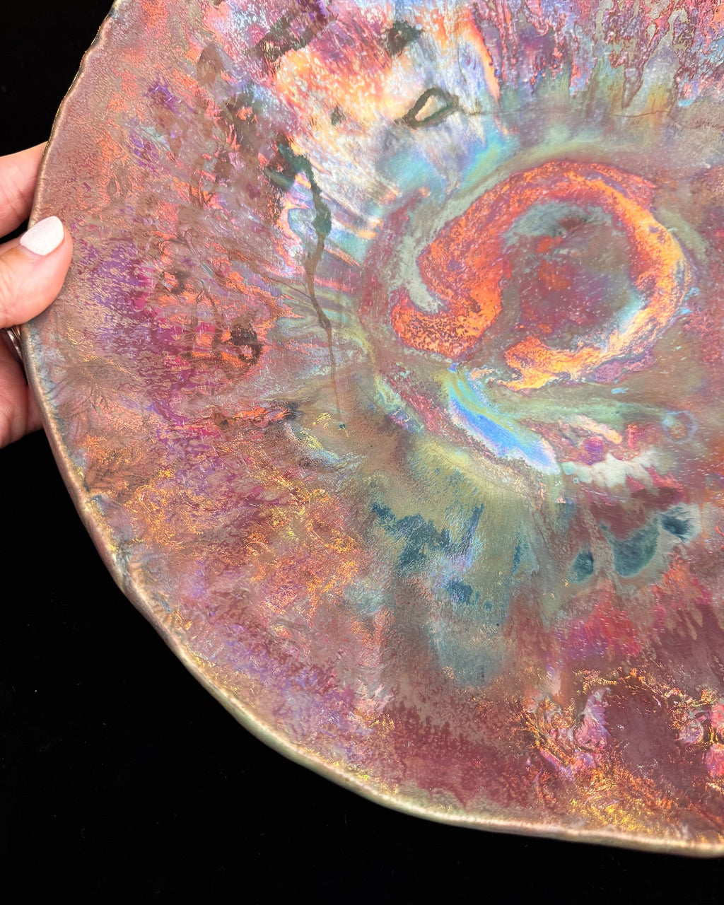 Organic Ceramic Decorative Bowl with Copper-Blue Swirls