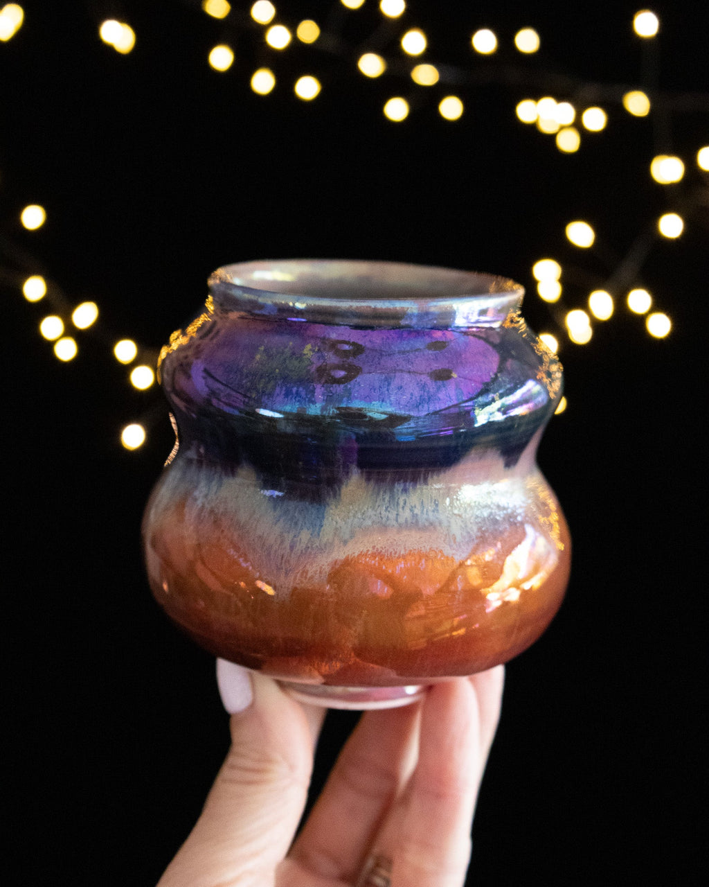Modern Ceramic Vase with Copper-Blue Bands and Curved Sides