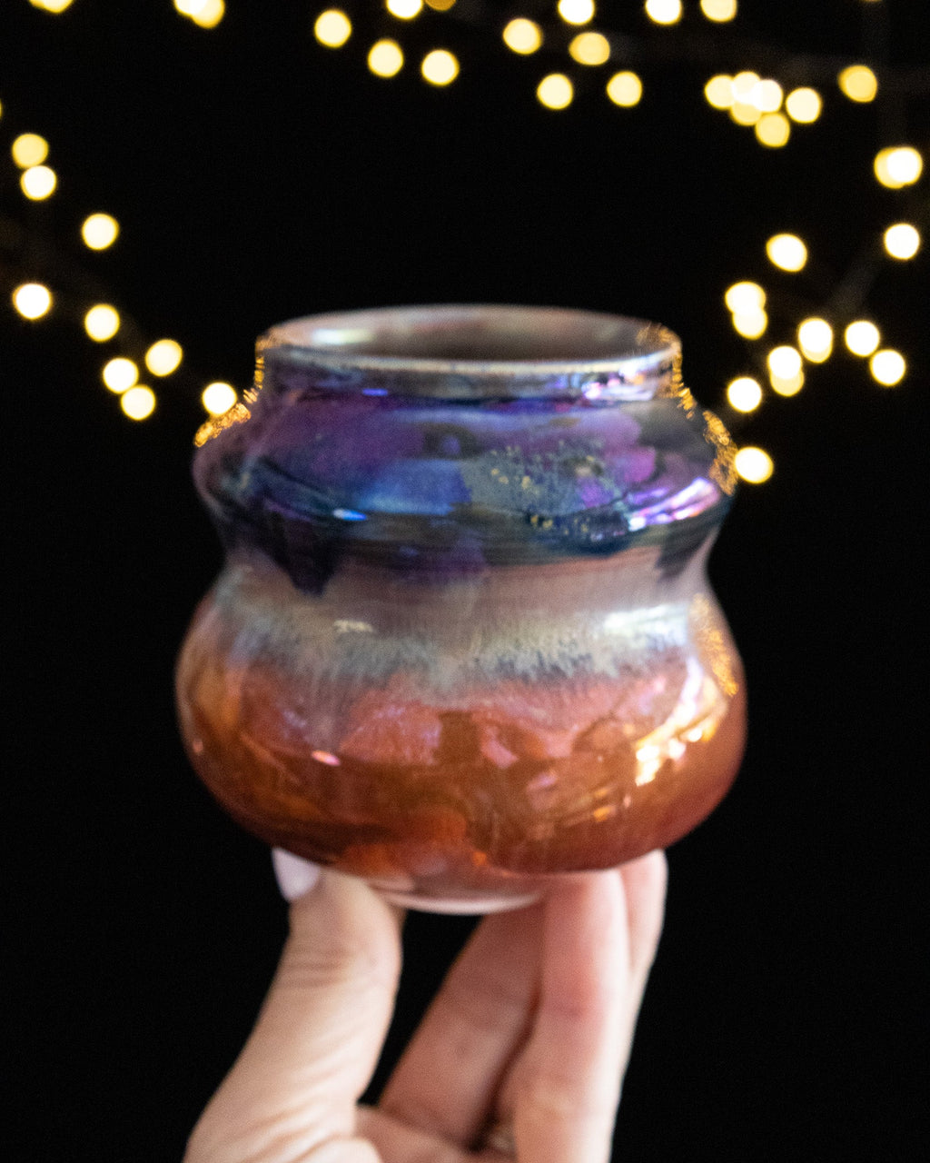 Modern Ceramic Vase with Copper-Blue Bands and Curved Sides