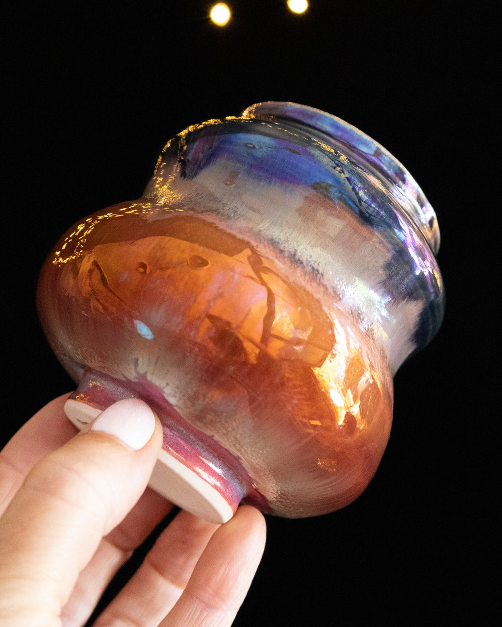 Modern Ceramic Vase with Copper-Blue Bands and Curved Sides