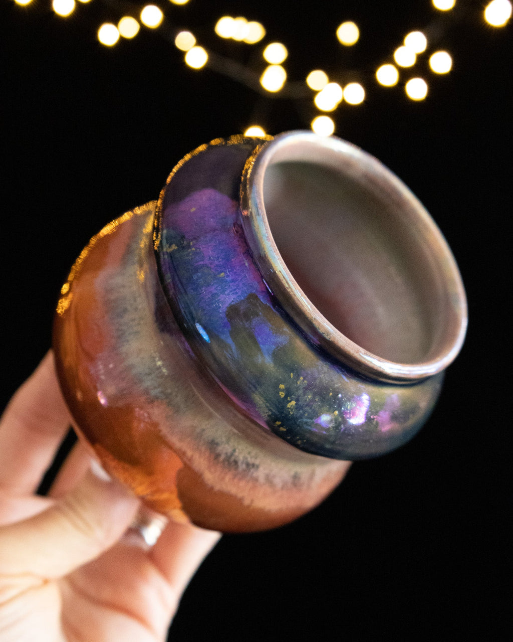 Modern Ceramic Vase with Copper-Blue Bands and Curved Sides