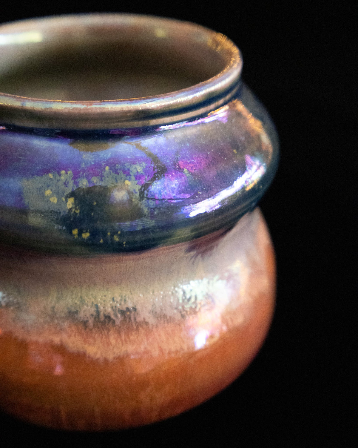 Modern Ceramic Vase with Copper-Blue Bands and Curved Sides
