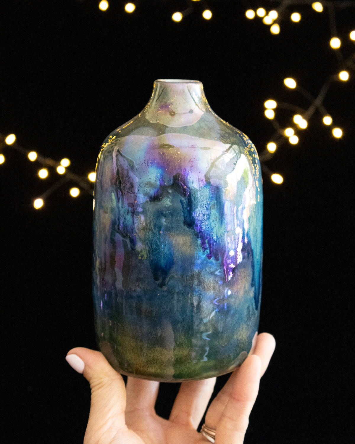 Modern Ceramic Bottle Vase with Teal-Lilac Finish and Gold-Toned Speckles