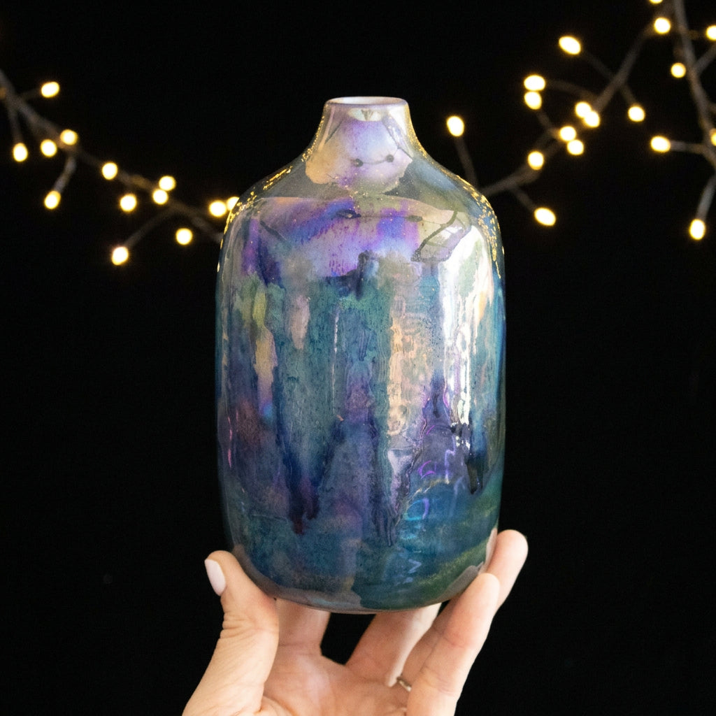 Modern Ceramic Bottle Vase with Teal-Lilac Finish and Gold-Toned Speckles