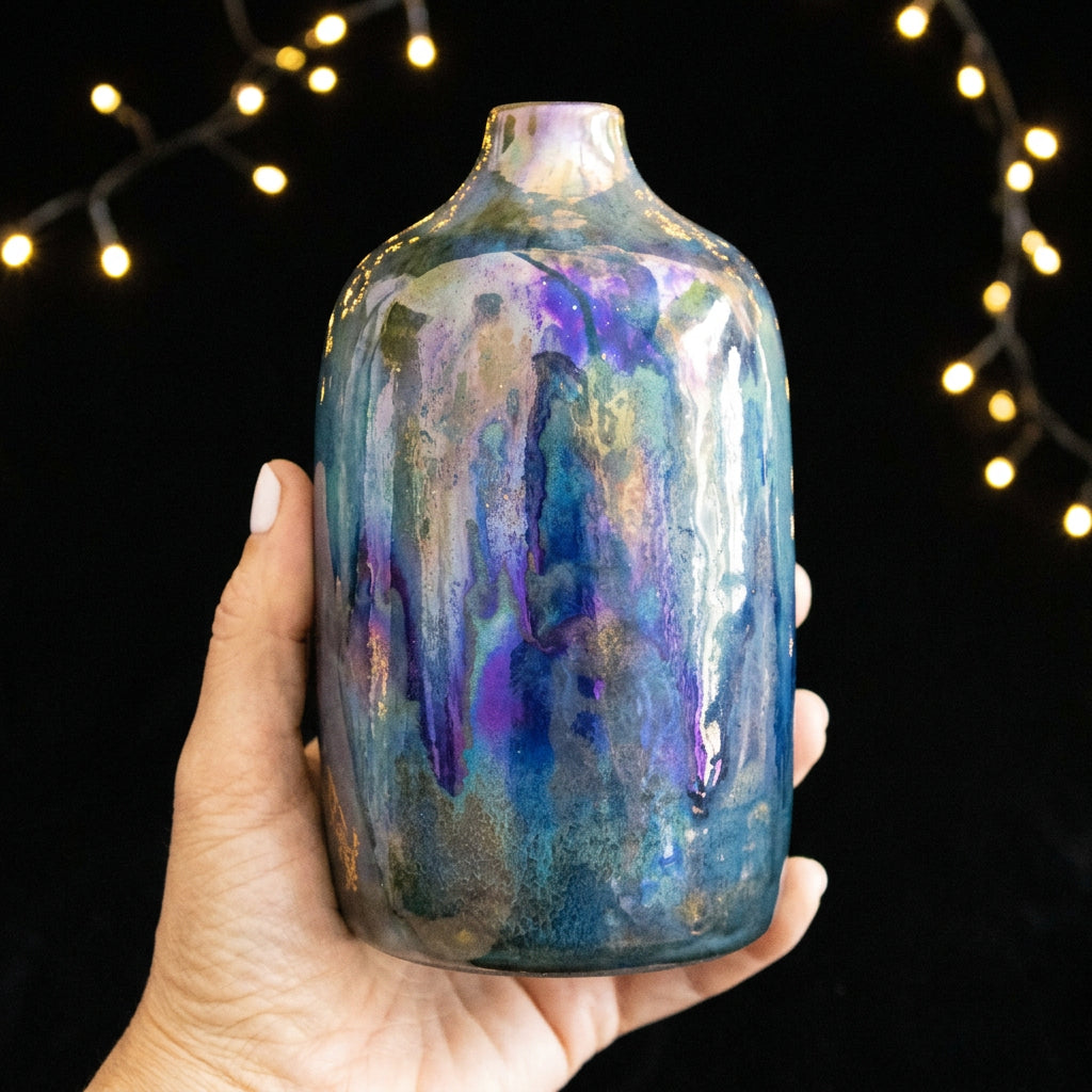 Modern Ceramic Bottle Vase with Teal-Lilac Finish and Gold-Toned Speckles