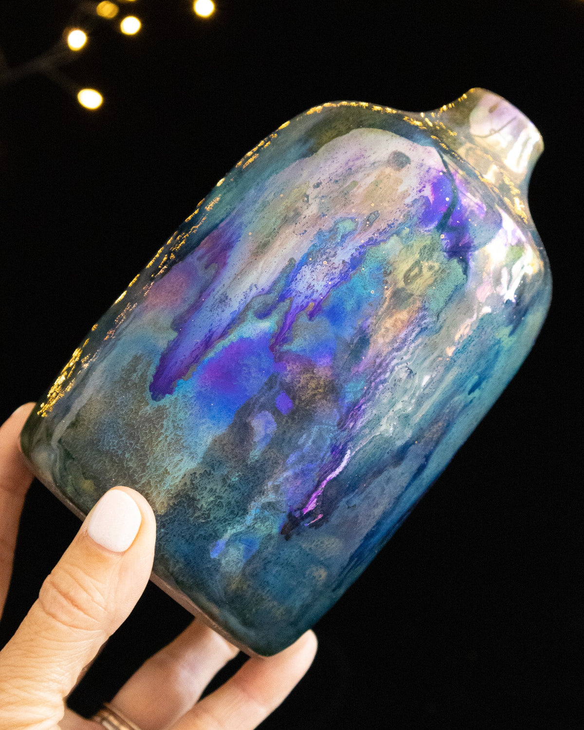 Modern Ceramic Bottle Vase with Teal-Lilac Finish and Gold-Toned Speckles