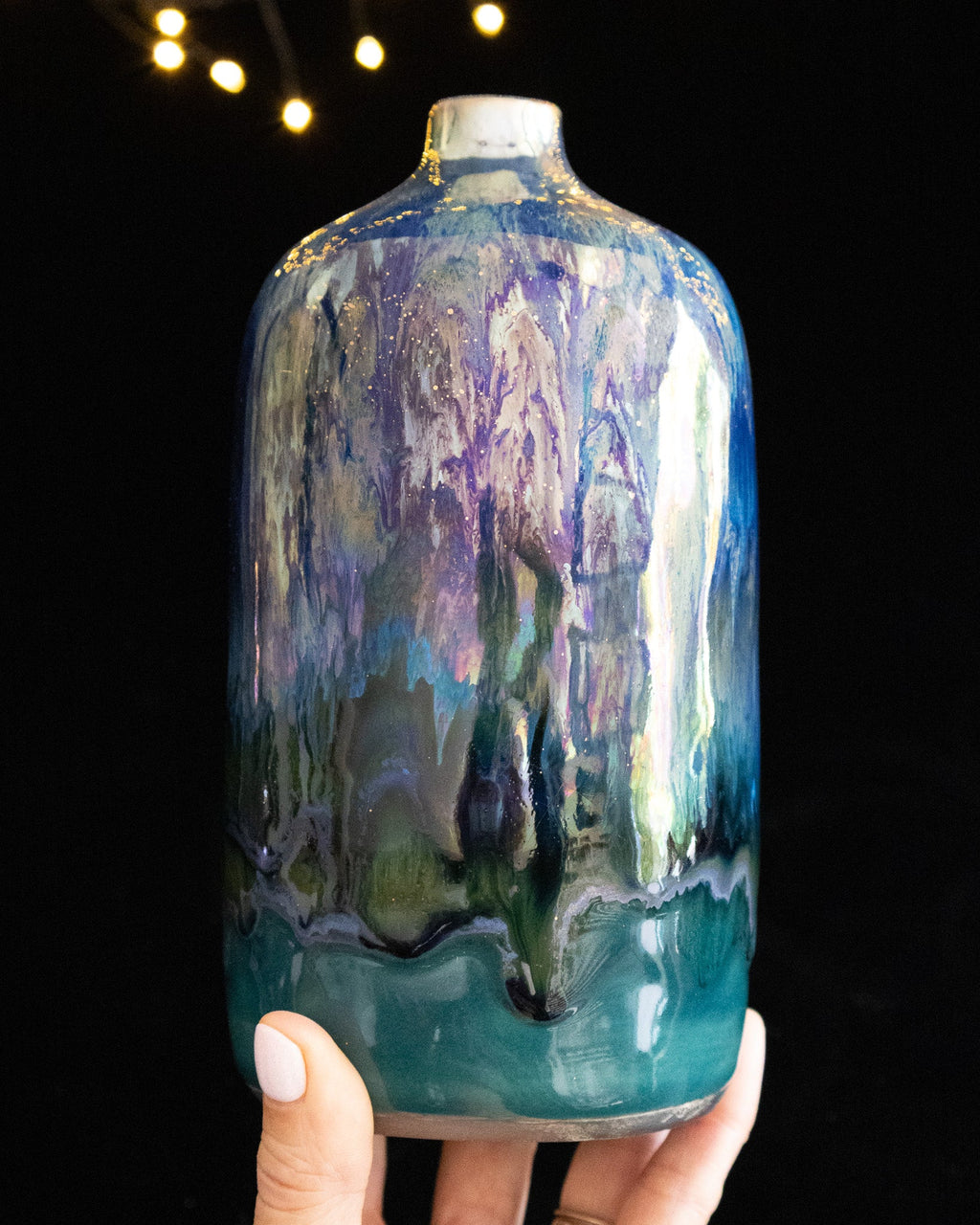 Modern Ceramic Bottle Vase with Blue-Teal Drip Pattern