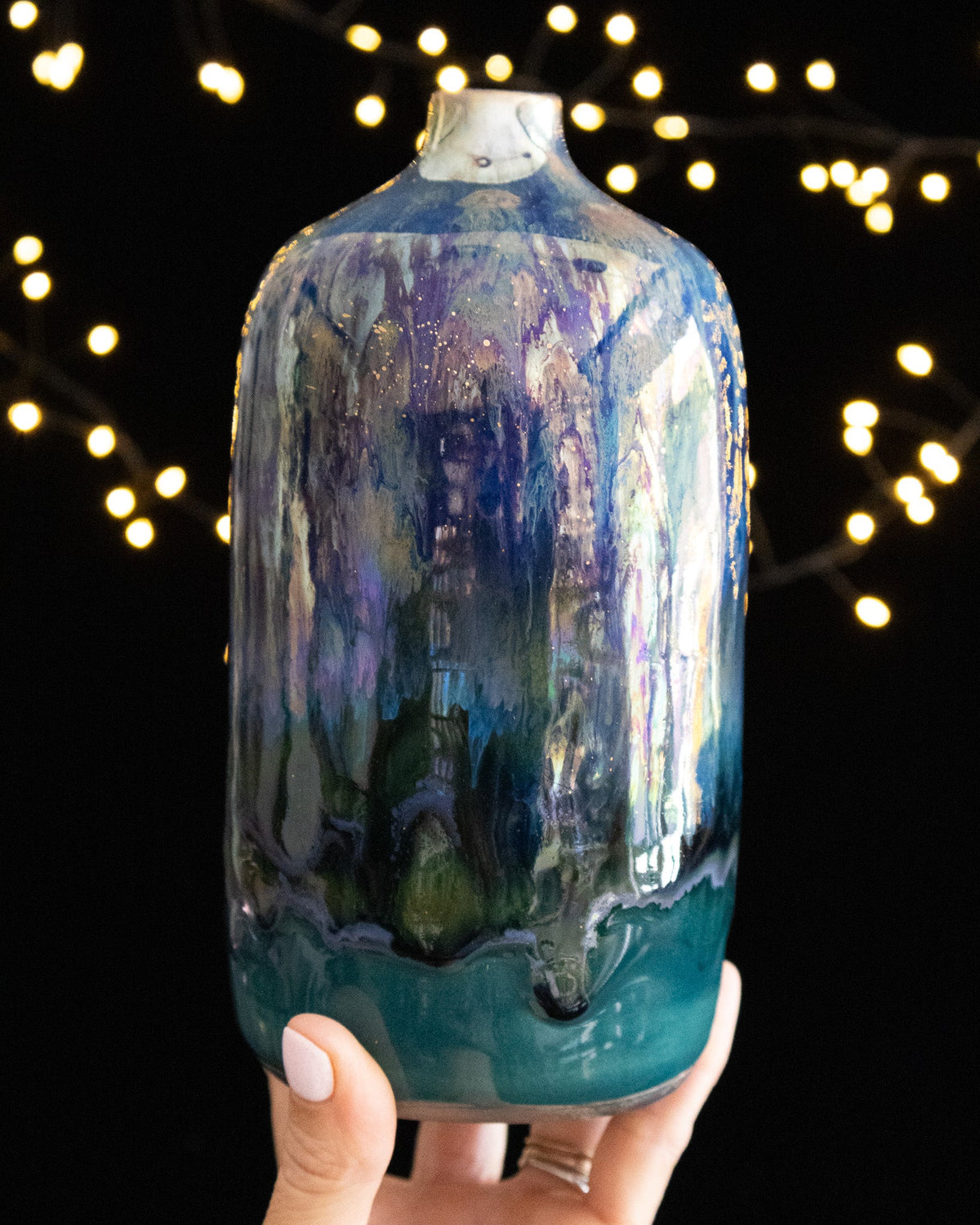 Modern Ceramic Bottle Vase with Blue-Teal Drip Pattern