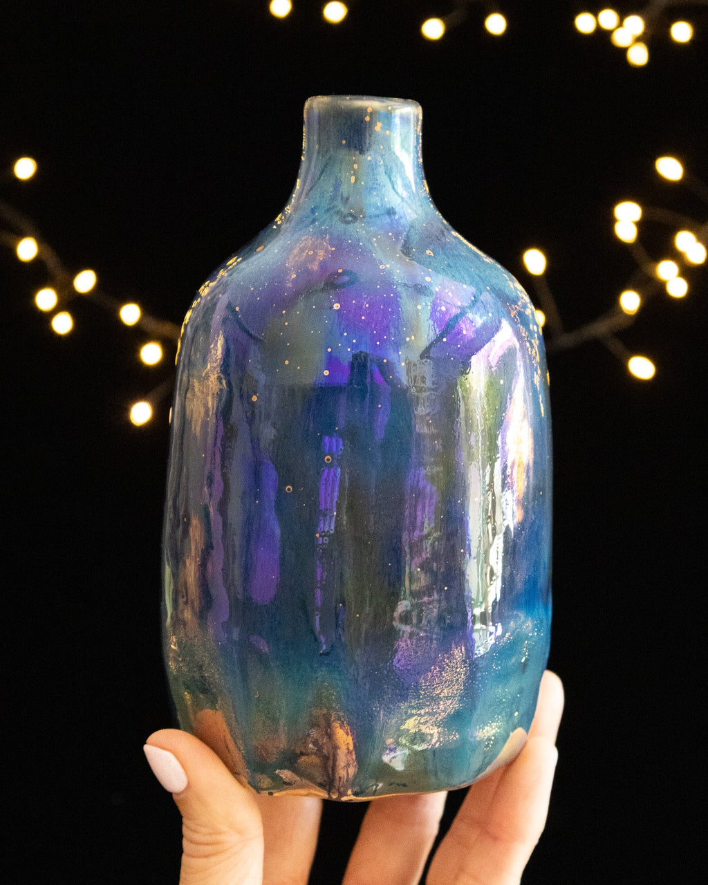 Modern Ceramic Bottle Vase with Blue-Violet Finish and Gold-Toned Speckles