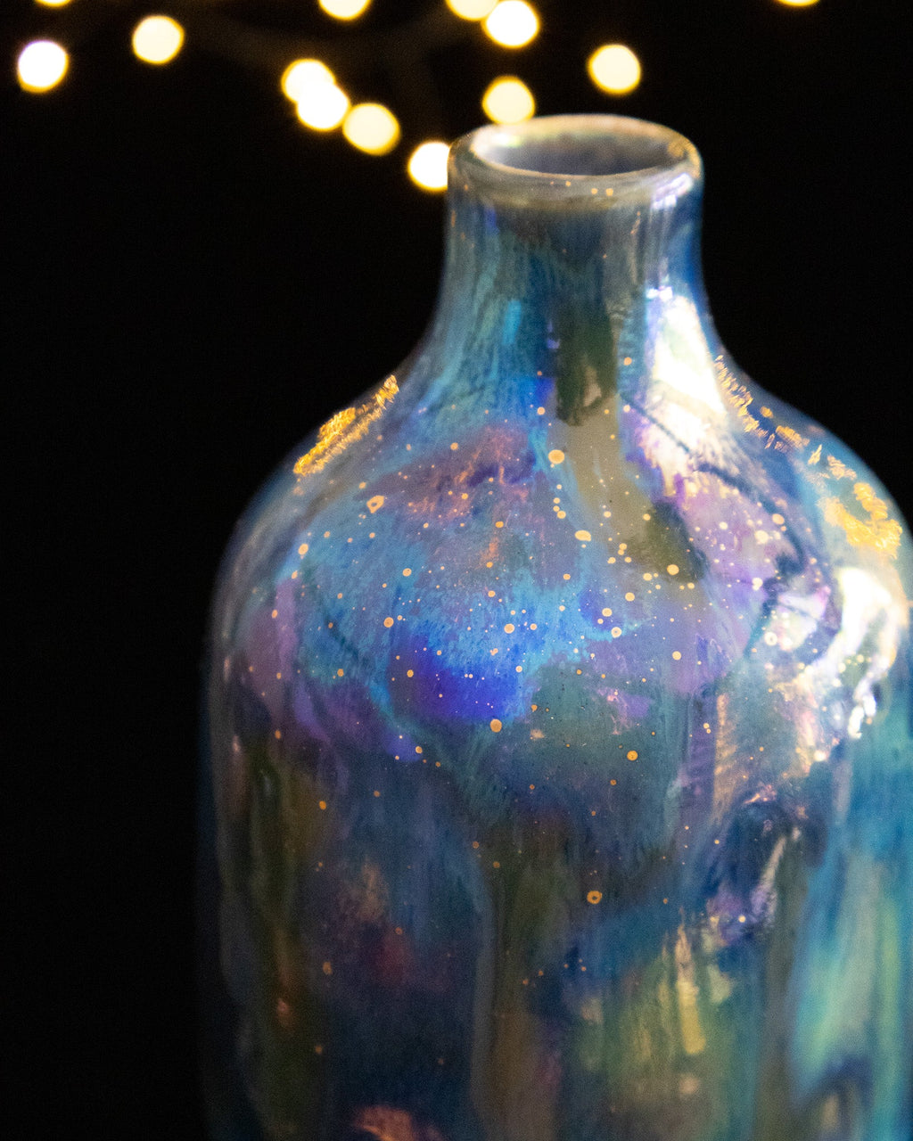 Modern Ceramic Bottle Vase with Blue-Violet Finish and Gold-Toned Speckles