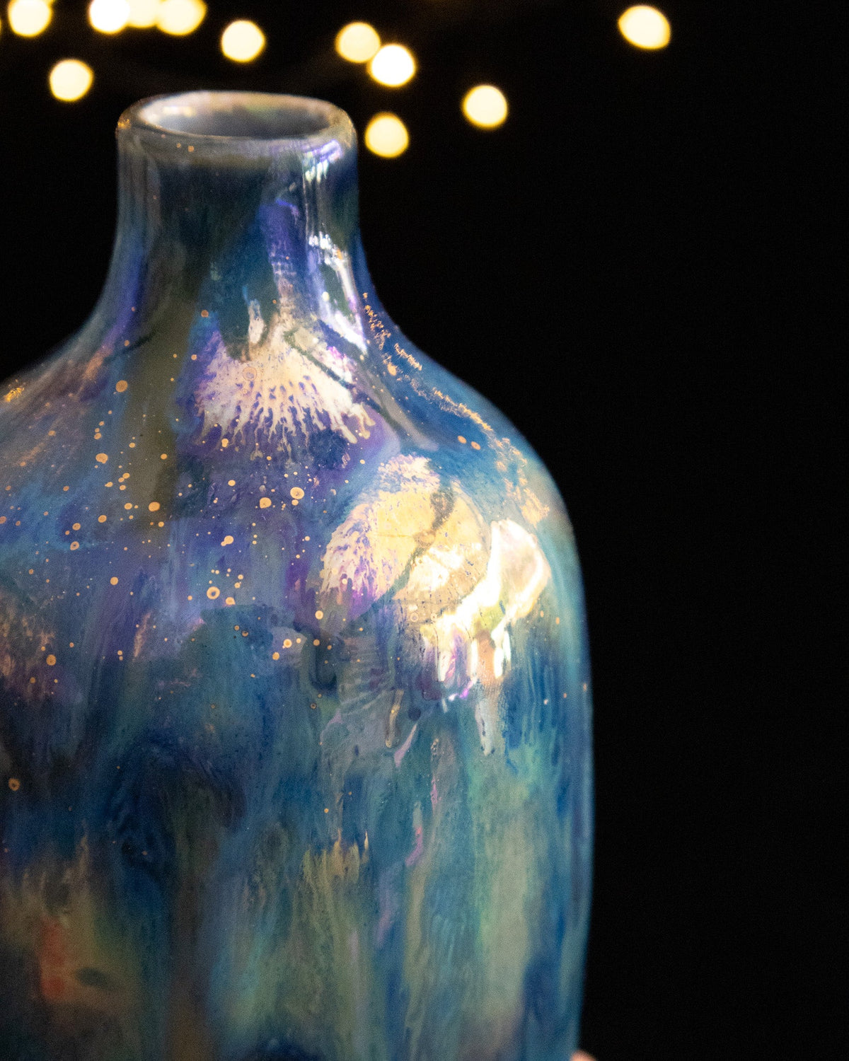 Modern Ceramic Bottle Vase with Blue-Violet Finish and Gold-Toned Speckles
