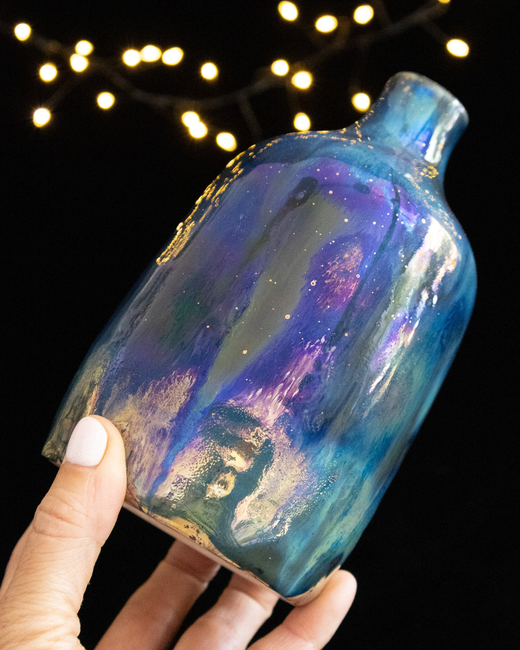 Modern Ceramic Bottle Vase with Blue-Violet Finish and Gold-Toned Speckles