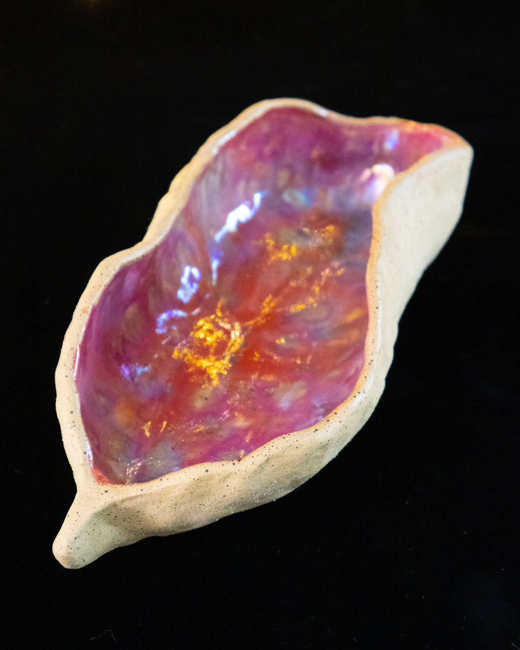 Rustic Ceramic Trinket Dish with Pink-Purple Glaze and Orange Accents