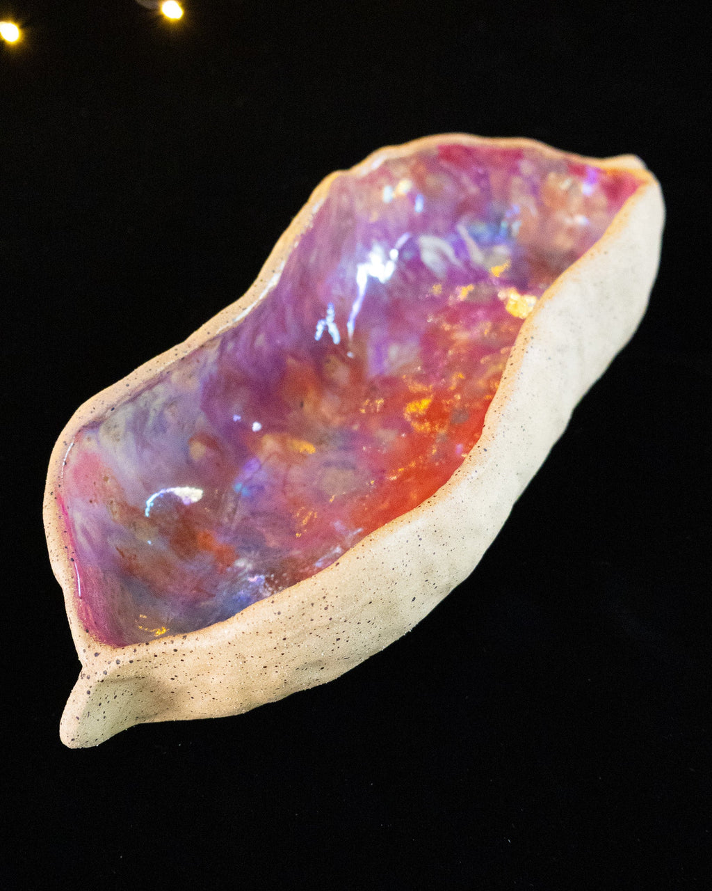 Rustic Ceramic Trinket Dish with Pink-Purple Glaze and Orange Accents