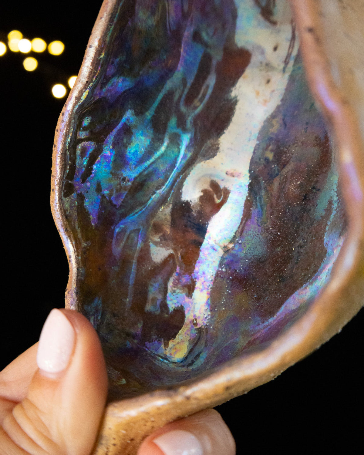 Rustic Ceramic Trinket Dish with Curved Pod Shape and Silver-Blue Glaze