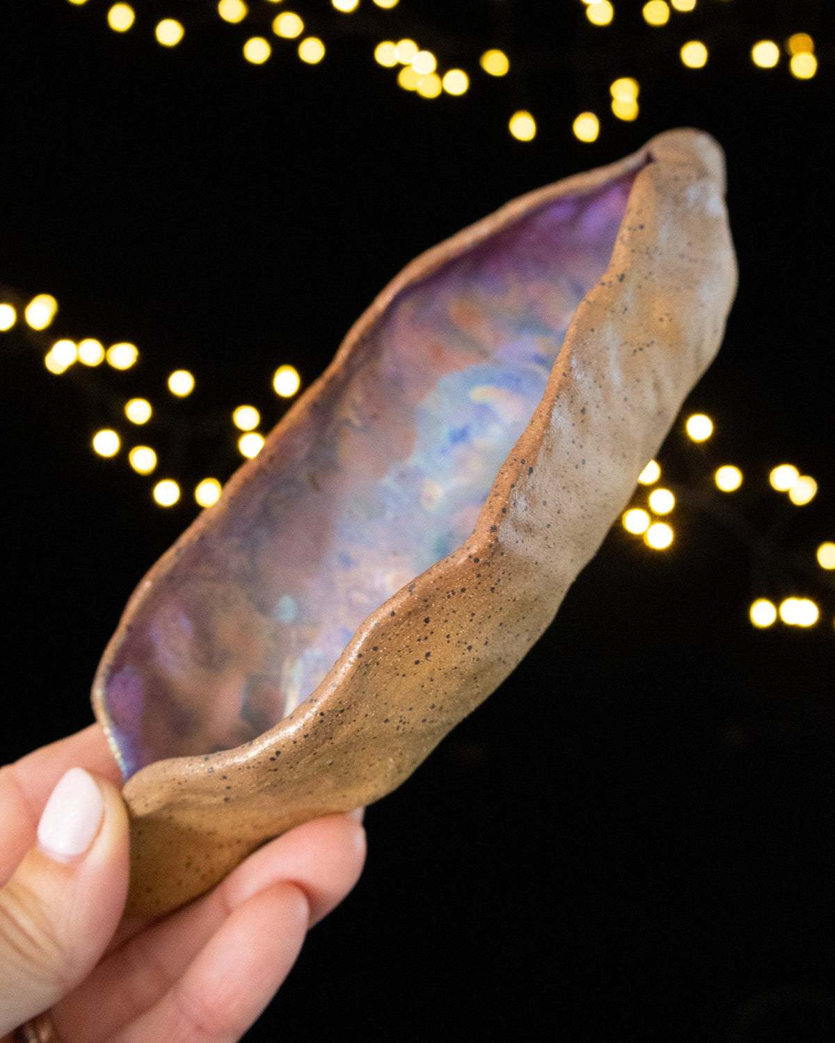 Rustic Ceramic Trinket Dish with Pale Blue Glaze and Purple Edges