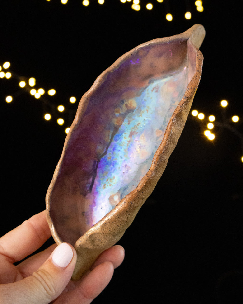 Rustic Ceramic Trinket Dish with Pale Blue Glaze and Purple Edges