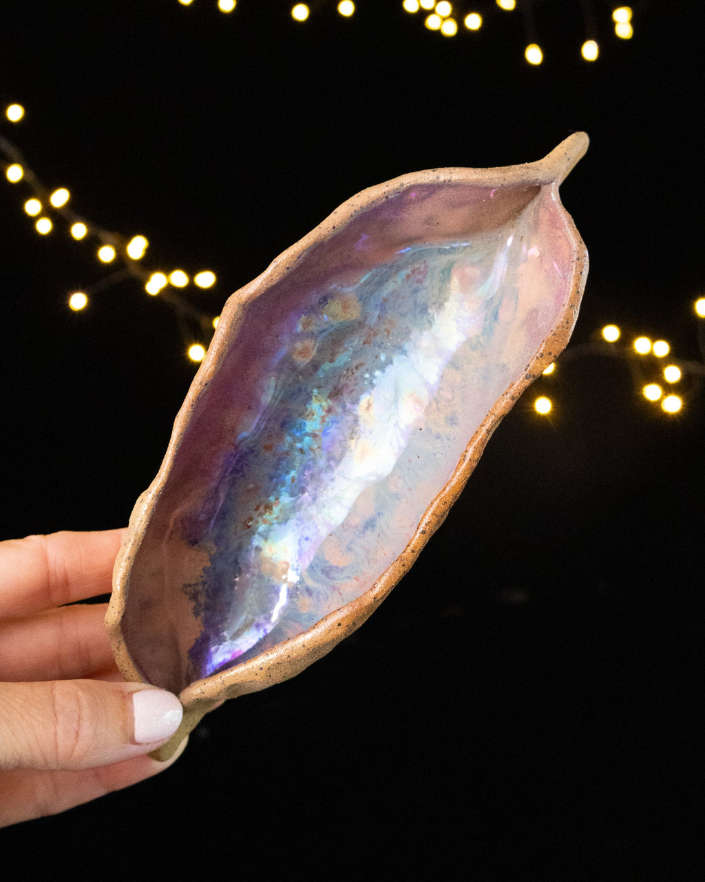 Rustic Ceramic Trinket Dish with Pale Blue Glaze and Purple Edges