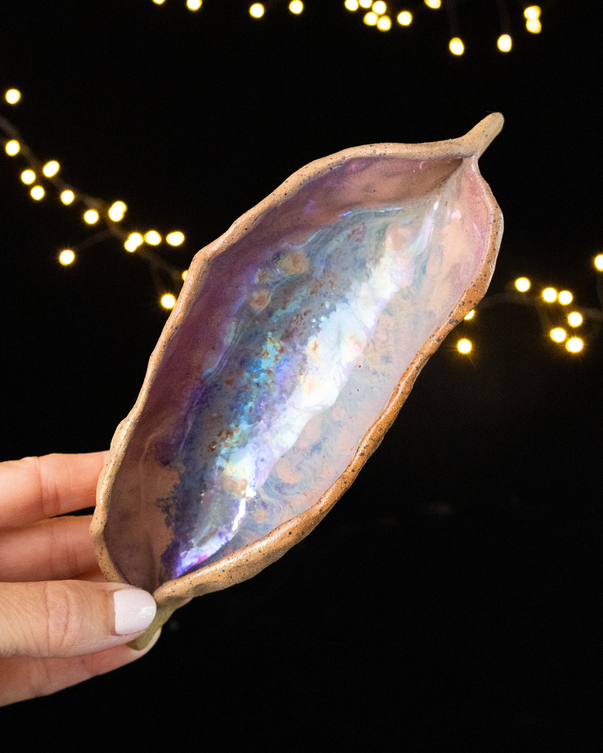 Rustic Ceramic Trinket Dish with Pale Blue Glaze and Purple Edges