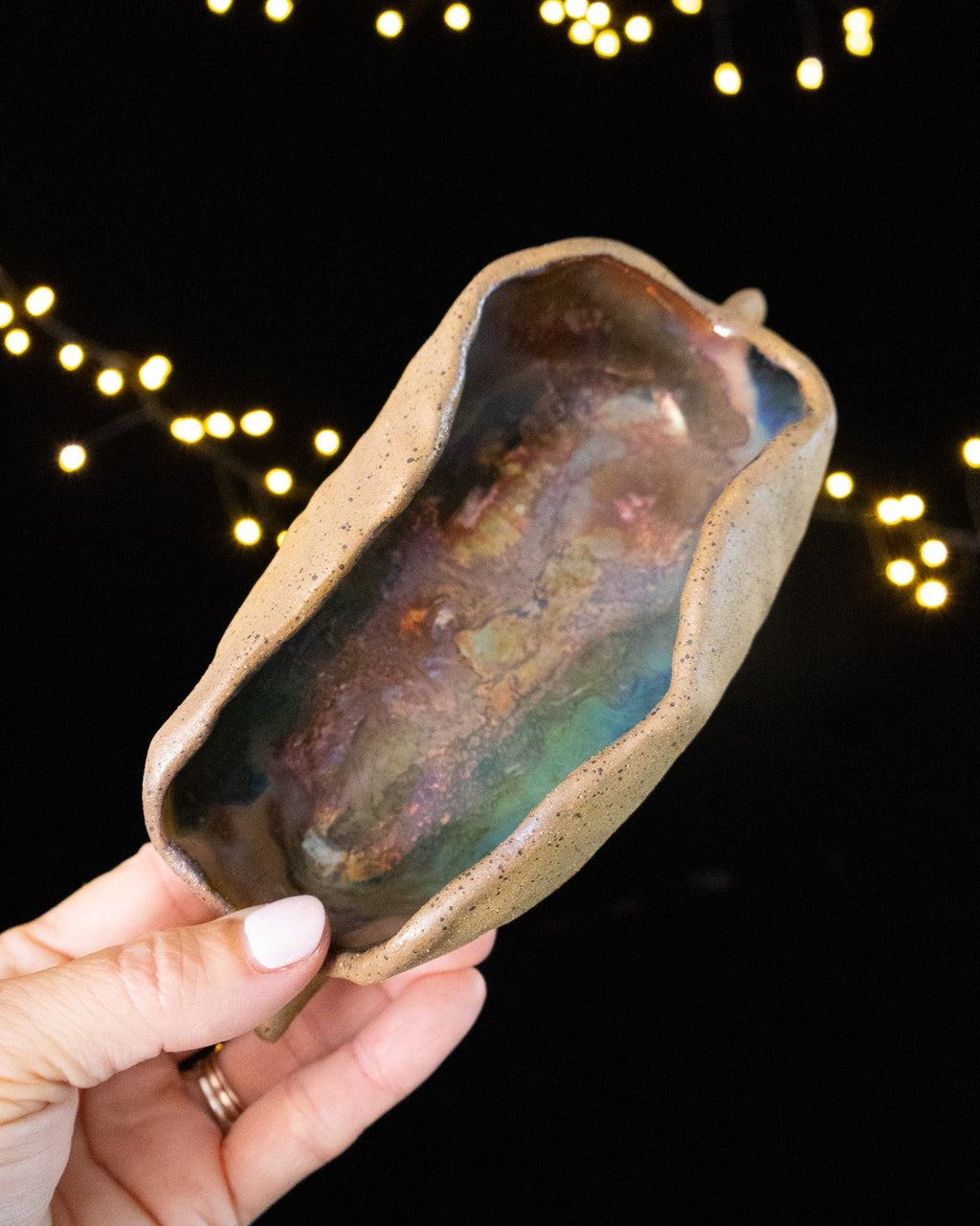 Rustic Ceramic Trinket Dish with Deep Teal and Bronze-Toned Glaze