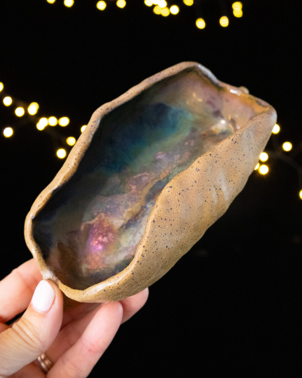 Rustic Ceramic Trinket Dish with Deep Teal and Bronze-Toned Glaze