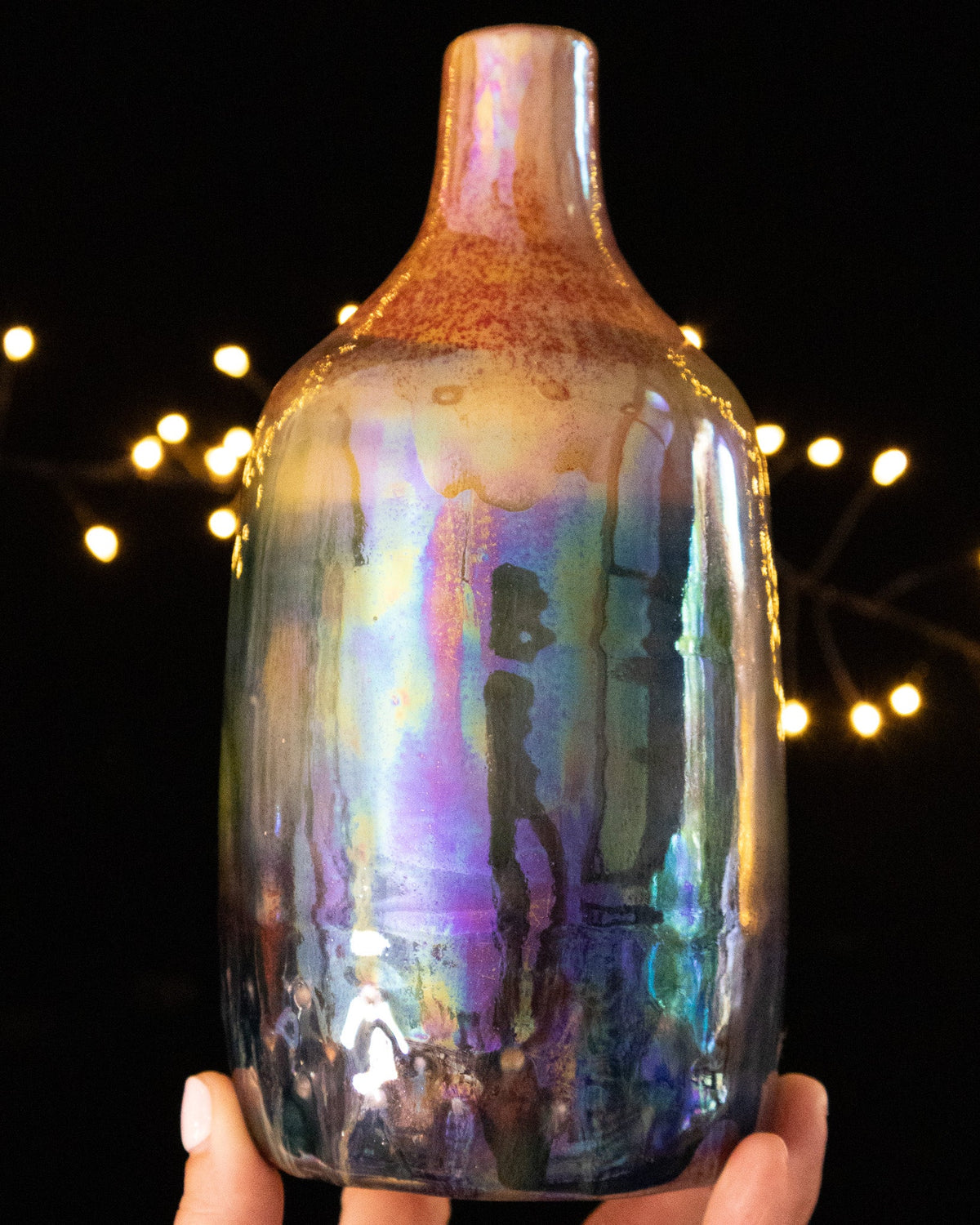 Modern Ceramic Bottle Vase with Copper-Toned Neck and Rainbow Finish