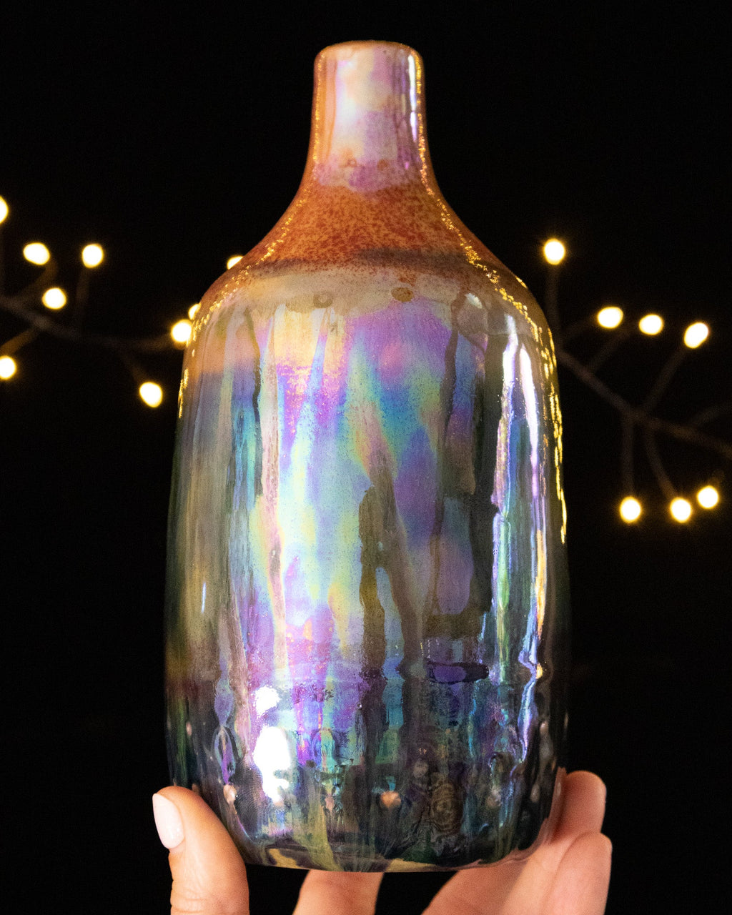 Modern Ceramic Bottle Vase with Copper-Toned Neck and Rainbow Finish