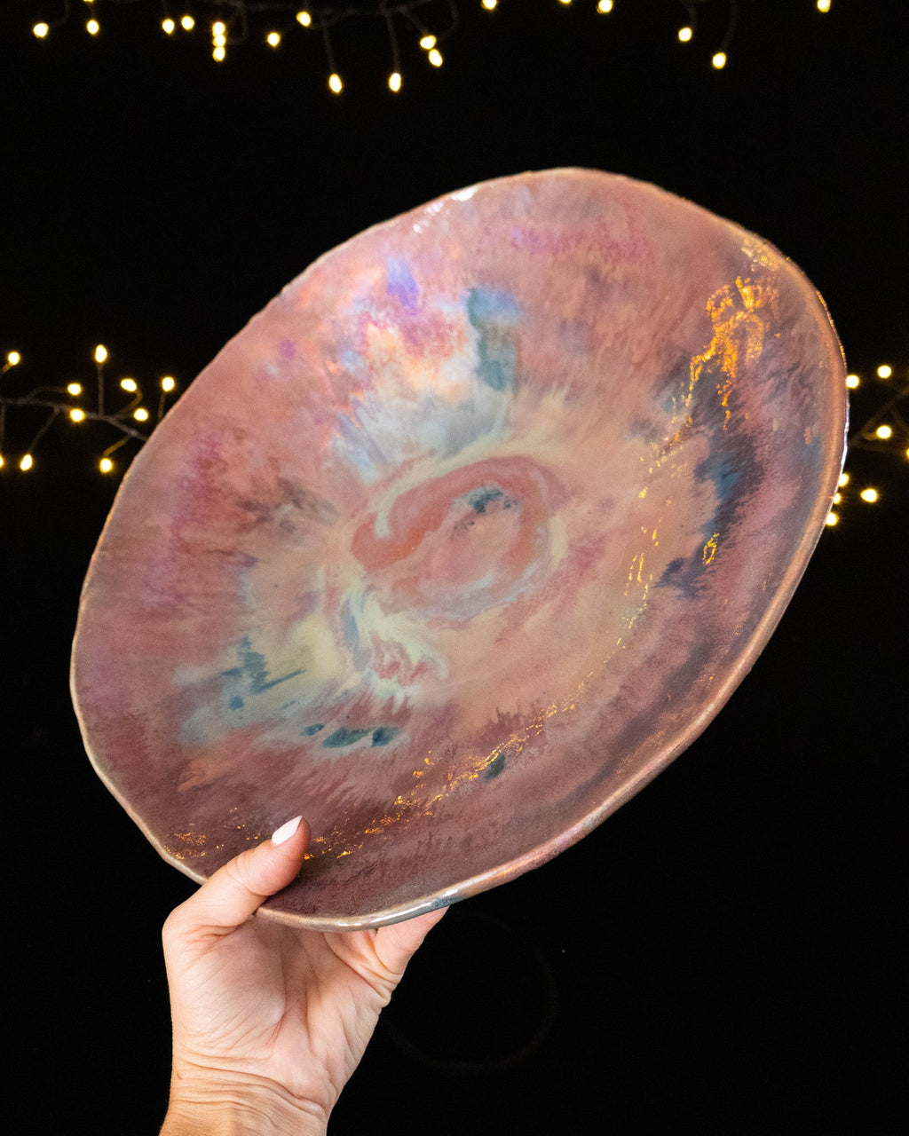 Organic Ceramic Decorative Bowl with Copper-Blue Swirls