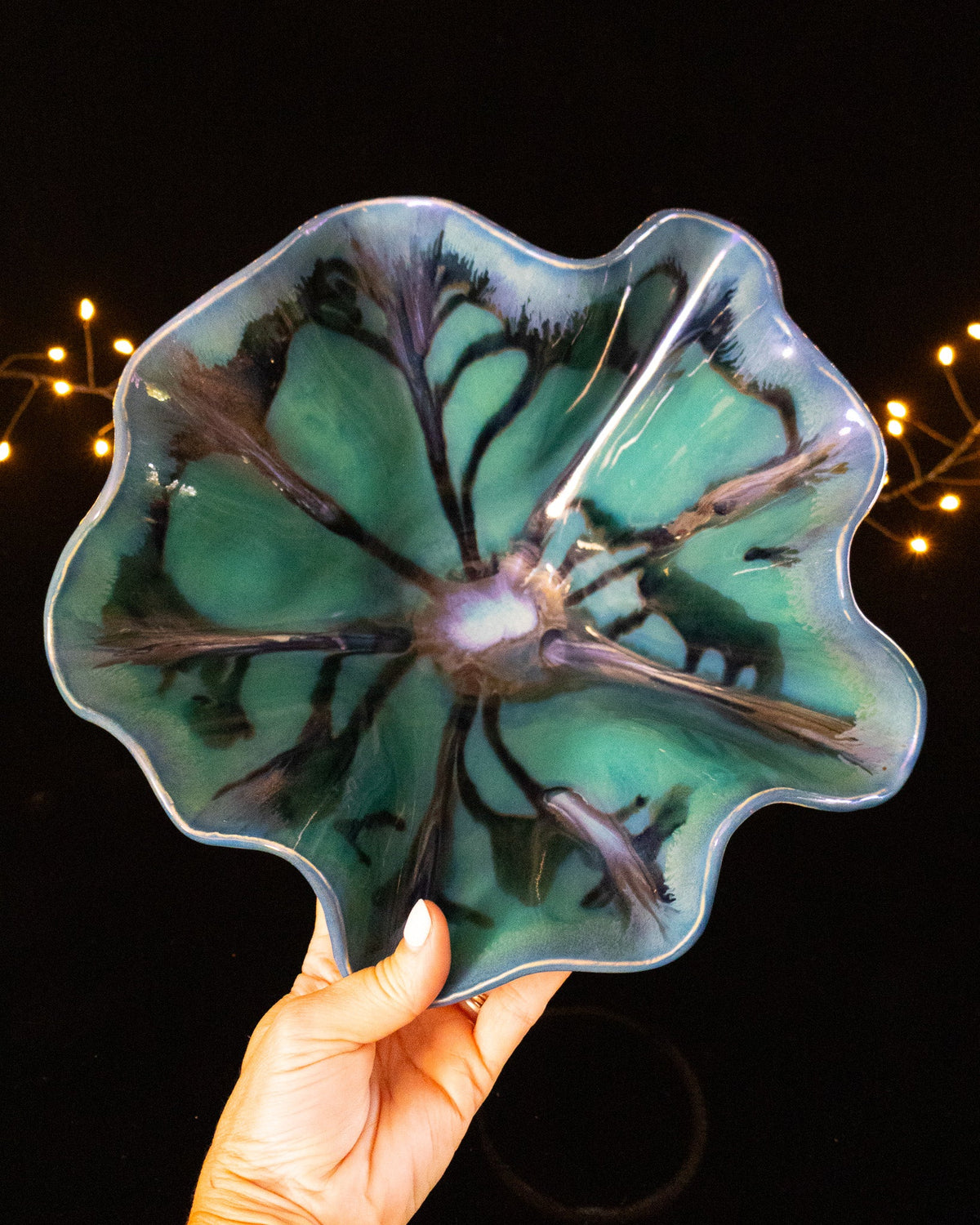 Floral Ceramic Decorative Bowl with Purple-Teal Finish