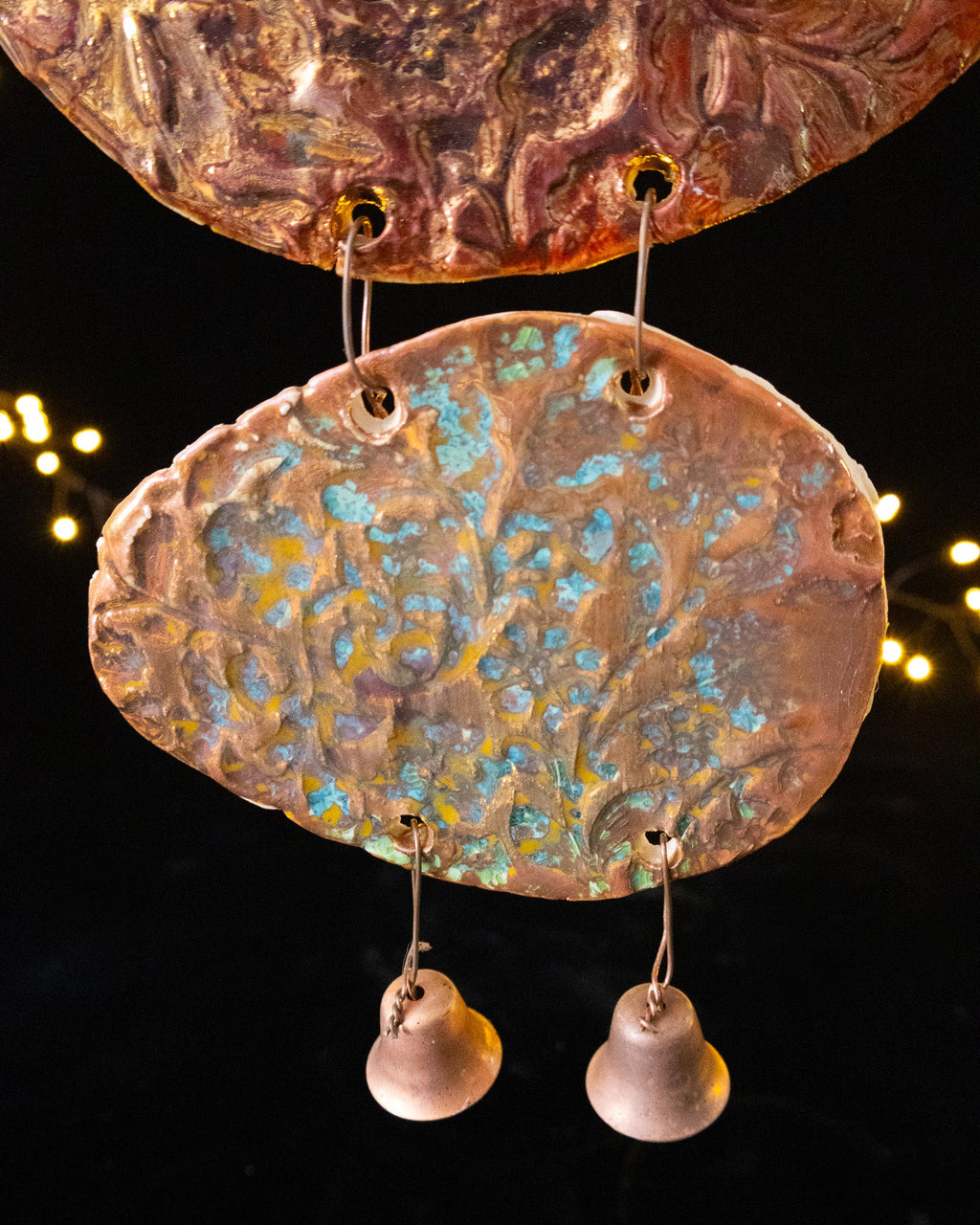 Rustic Ceramic Wall Hanging with Textured Panels and Two Bells