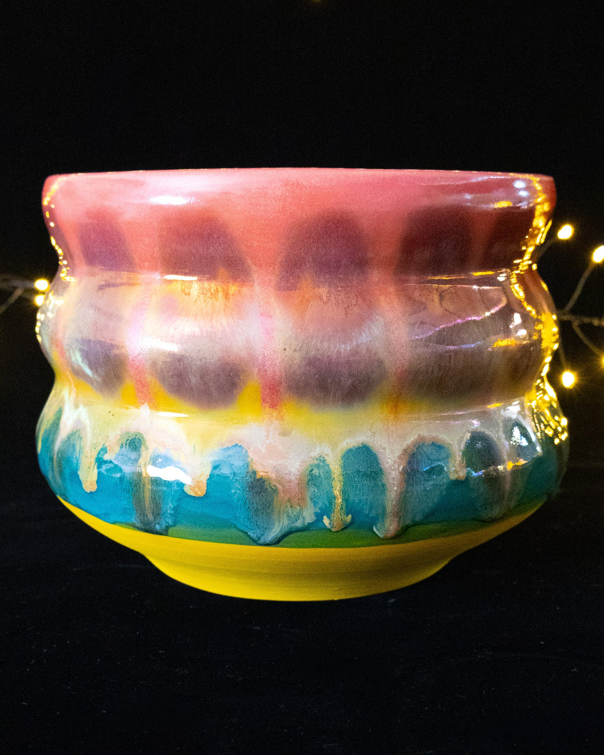 Colorful Ceramic Plant Pot with Turquoise Glaze and Curved Sides