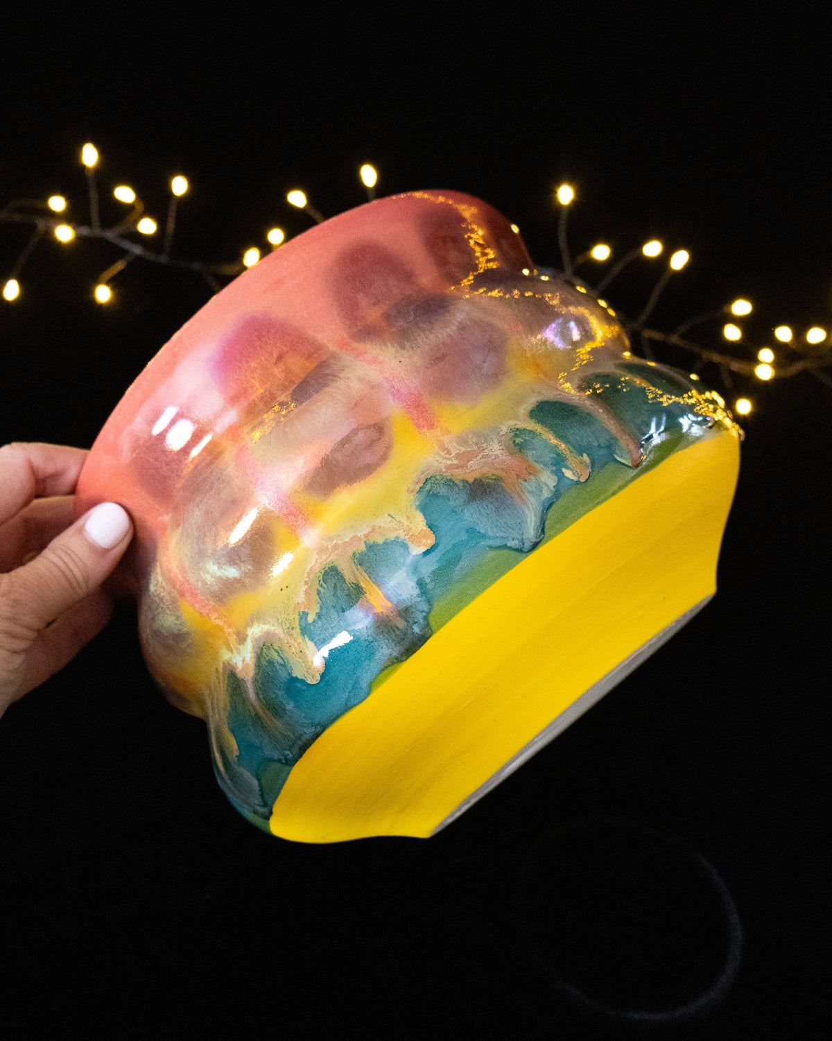 Colorful Ceramic Plant Pot with Turquoise Glaze and Curved Sides