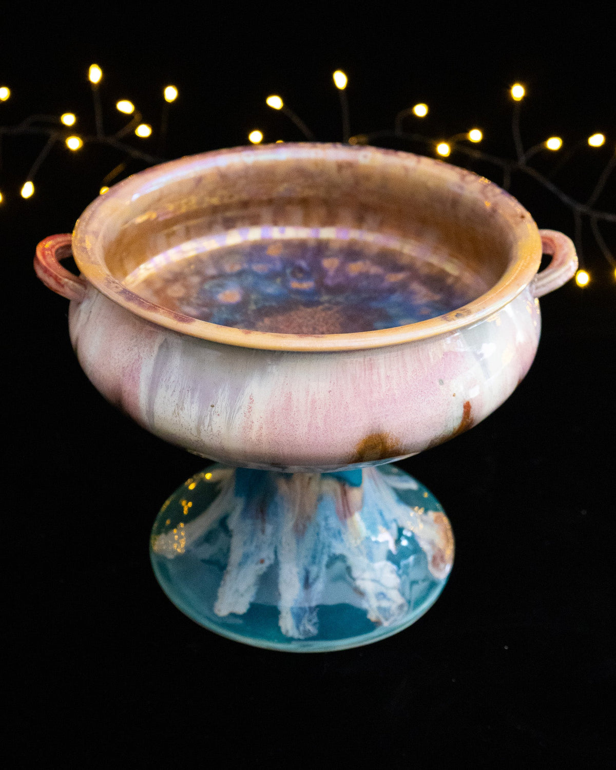Modern Ceramic Pedestal Bowl with Pink-Turquoise Glaze