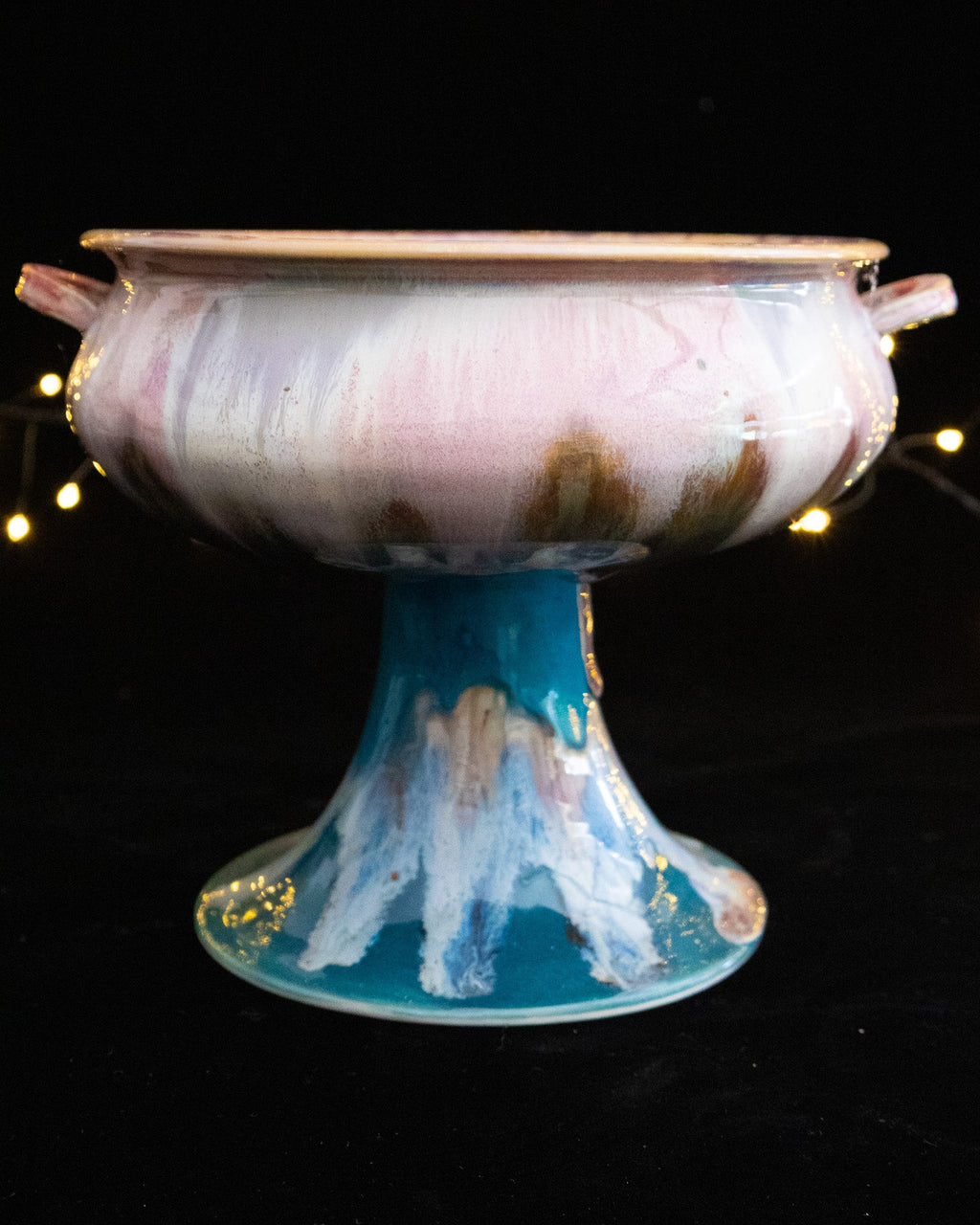 Modern Ceramic Pedestal Bowl with Pink-Turquoise Glaze