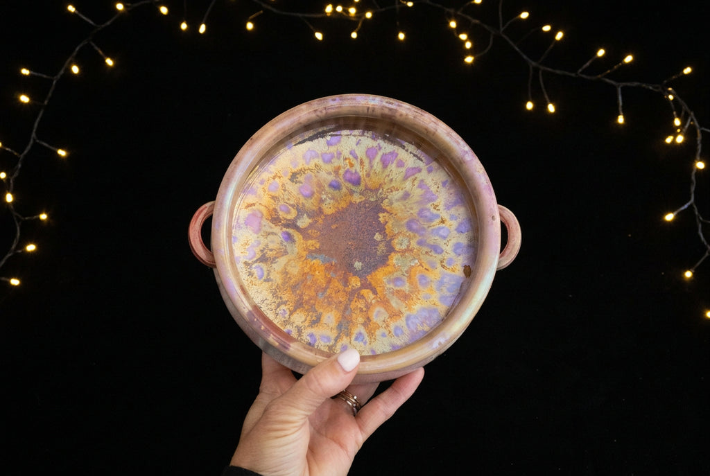 Modern Ceramic Pedestal Bowl with Pink-Turquoise Glaze