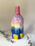 Colorful Ceramic Bottle Vase with Pink Neck and Blue-Yellow Pattern