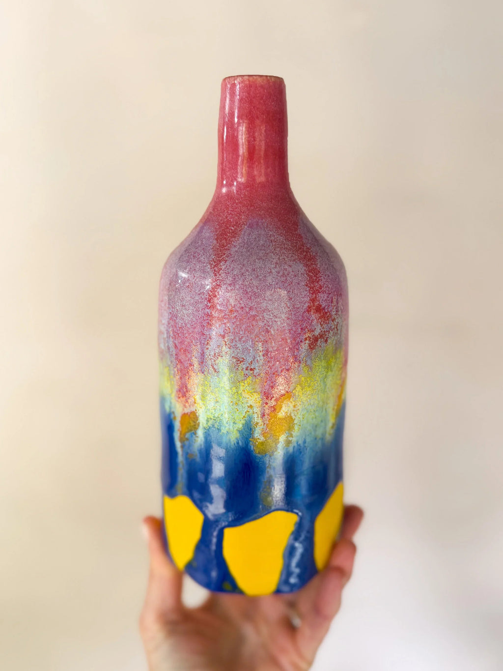 Colorful Ceramic Bottle Vase with Pink Neck and Blue-Yellow Pattern