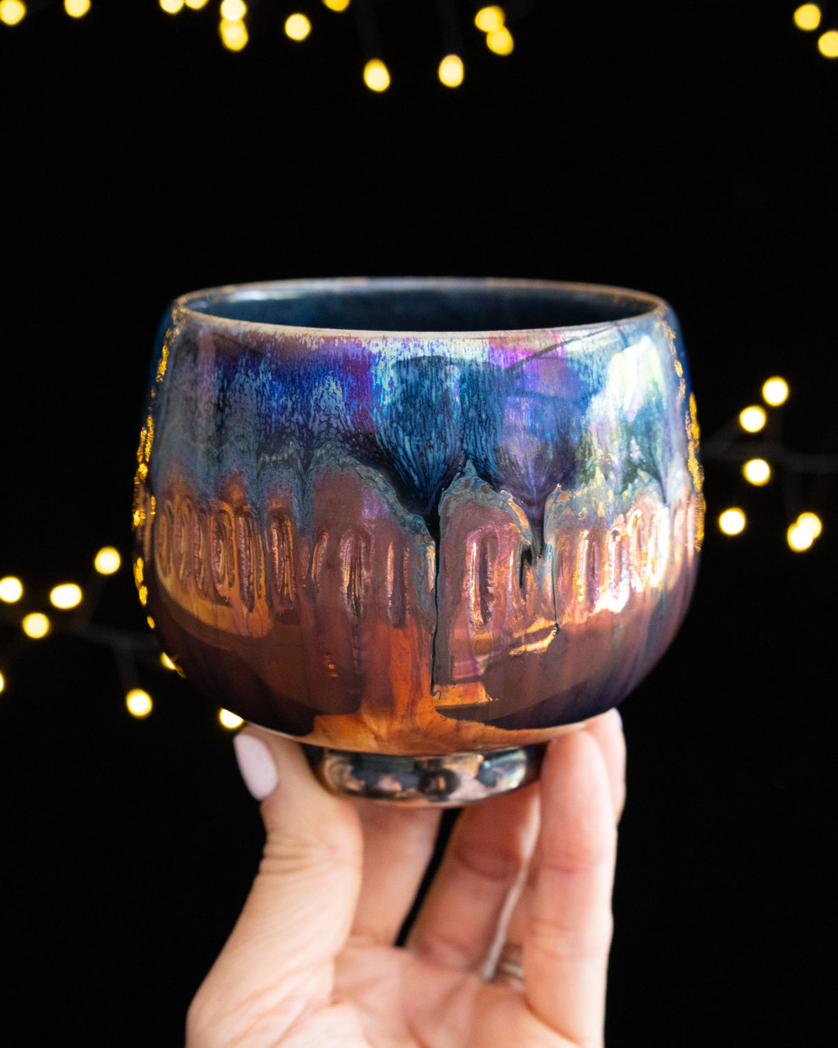 Modern Ceramic Cup with Blue-Copper Drip Pattern