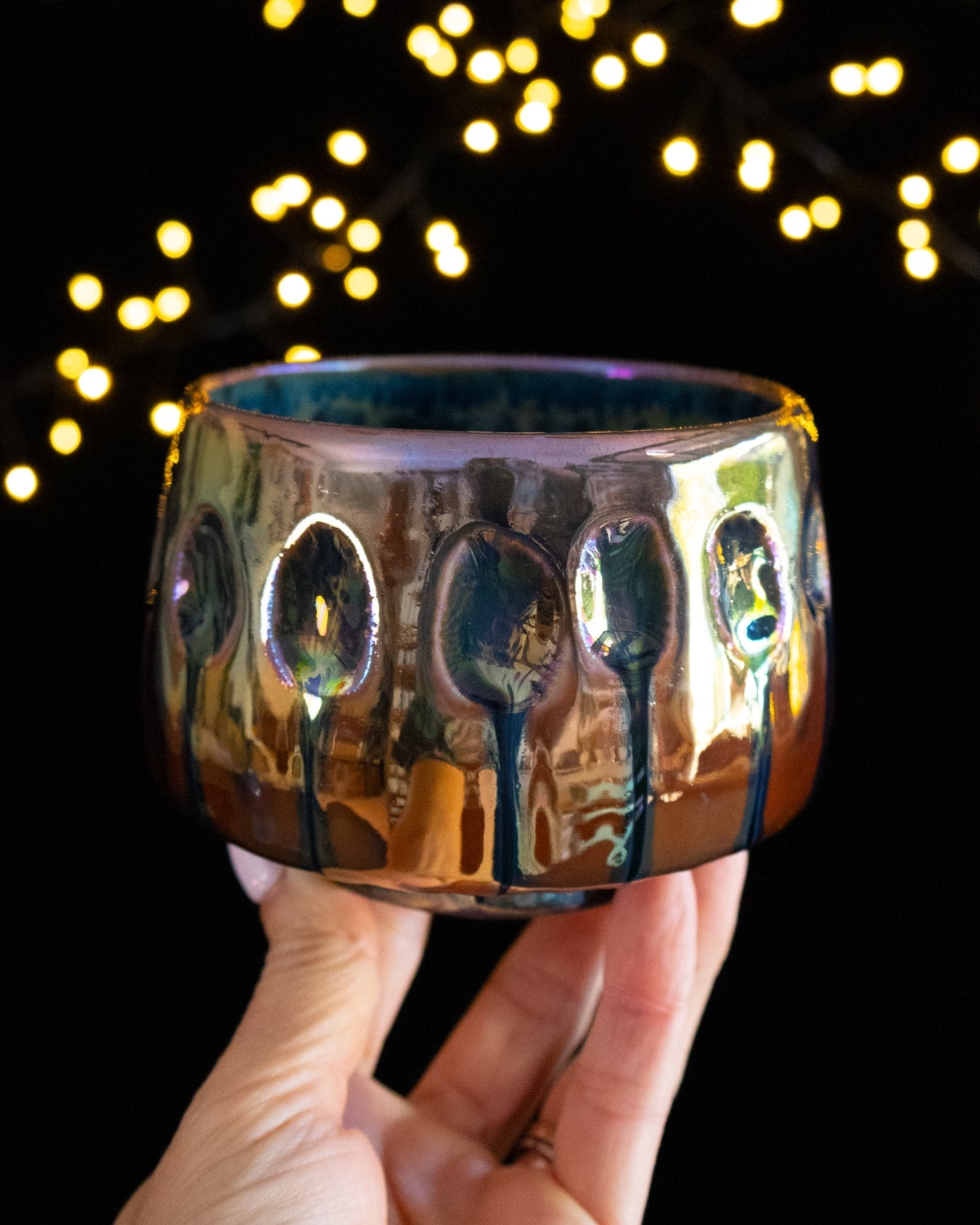 Textured Ceramic Cup with Carved Details and Rainbow Drips