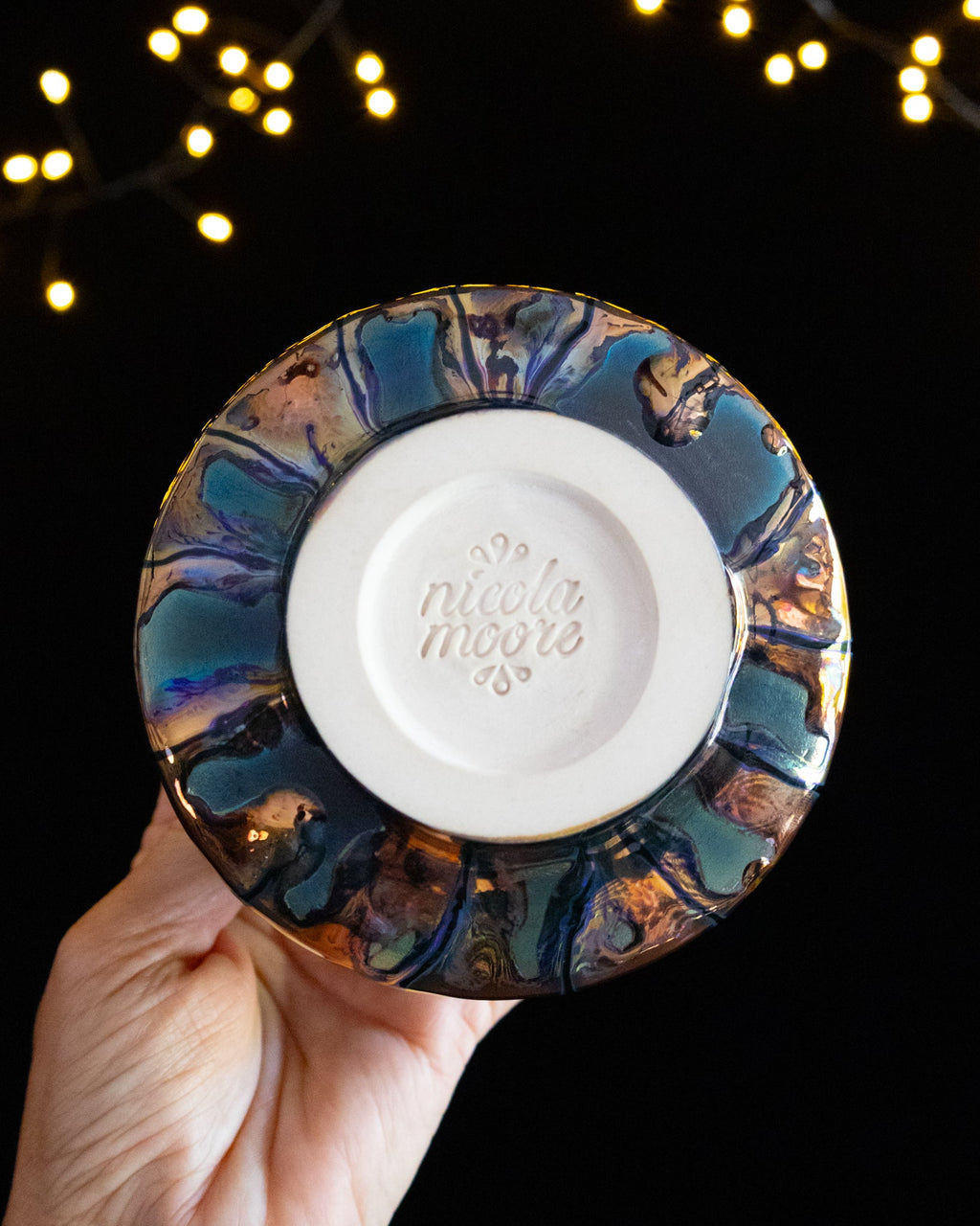 Textured Ceramic Cup with Carved Details and Rainbow Drips