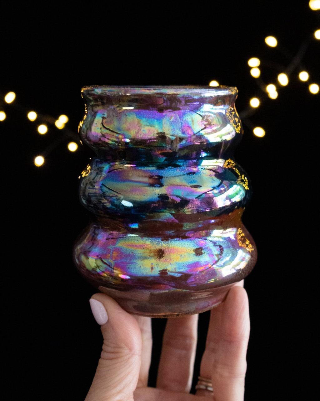 Modern Ceramic Cup with Rippled Sides and Rainbow Finish